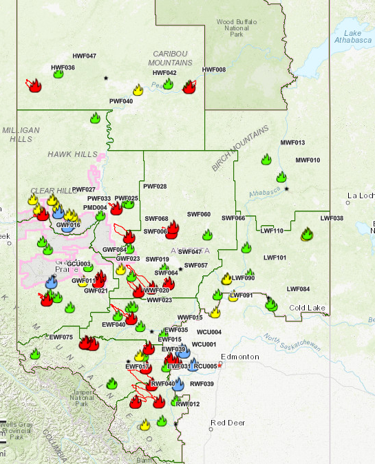 Screenshot of the Alberta Wildfire Status Dashboard shows dozens of ...